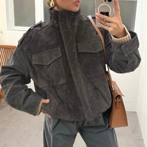 Dark Grey Casual Streetwear Women's Suede Bomber Jacket - Picture 4 of 6
